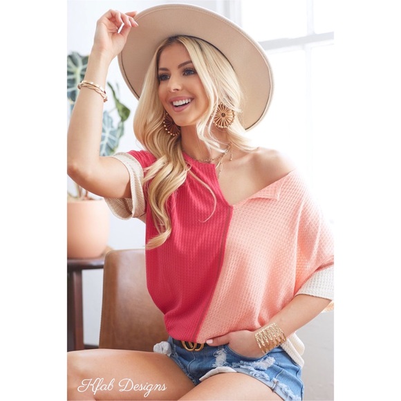 Color Block Waffle Knit, No Stitching, Soft Top! V-Neck. Size: Large - Picture 10 of 12